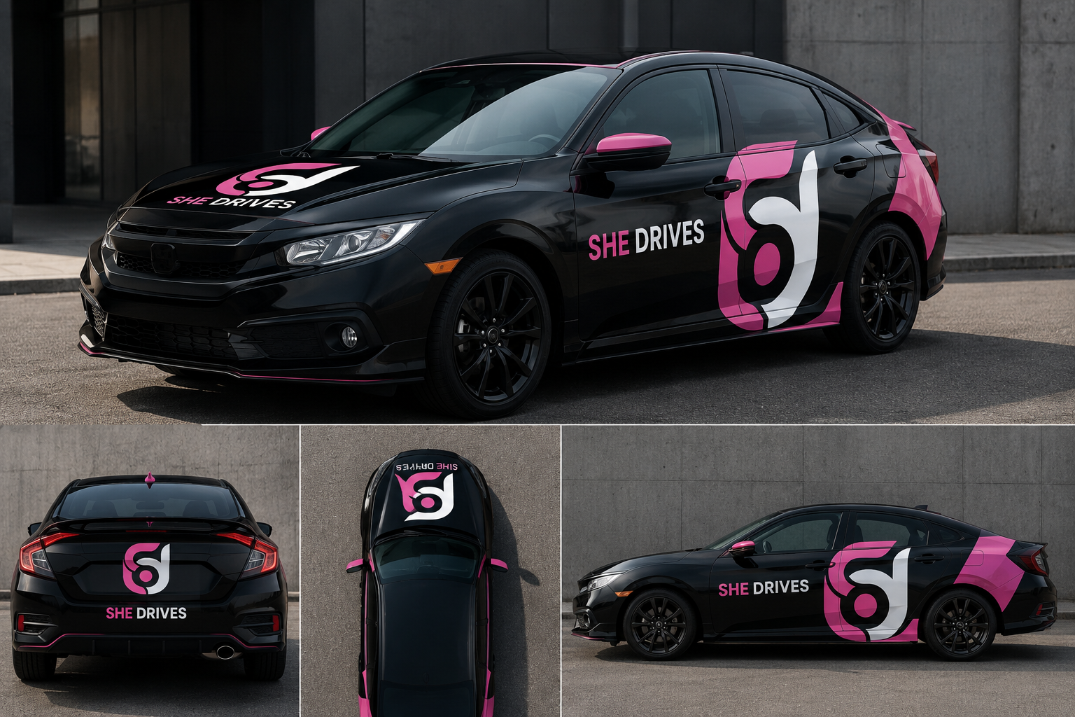 SheDrives branded black and pink ride-hailing vehicle